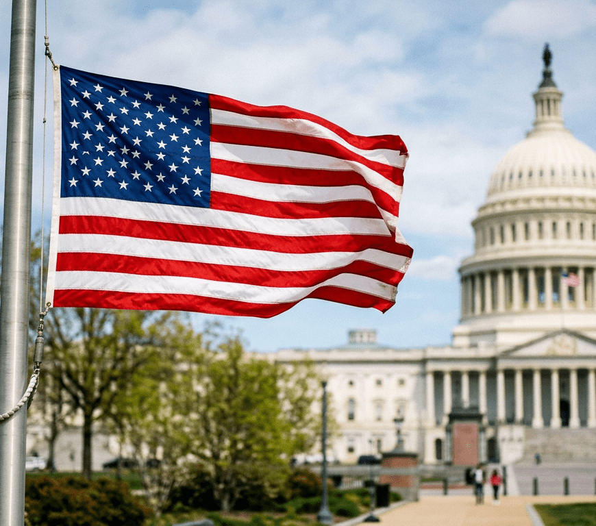 American flag waving on a flagpole with the U.S. Capitol building in the background